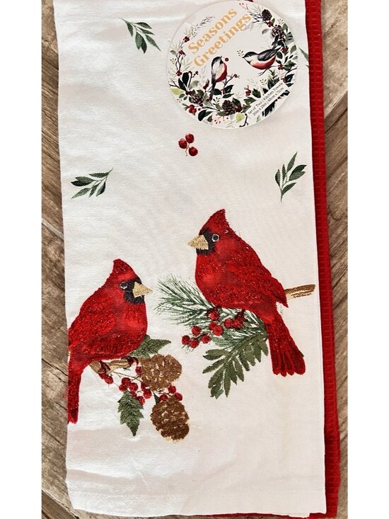 CHRISTMAS CARDINAL Dish Kitchen Towel Set 2 Embroidered Detailed HOSTESS GIFT - Picture 1 of 11